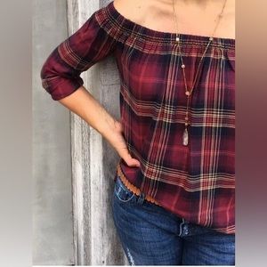 ANTHROPOLOGIE Cloth & Stone Plaid Off the Shoulder Top